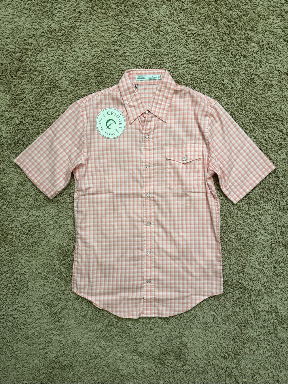 NEW Criquet Plaid Coral Pearl Snap Pocket Short Sleeve Shirt Men’s Size Small
